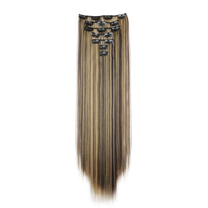 Aplique de Cabelo Sintético Liso Longo 24 Polegadas 7 Peças/Conjunto 16 Clipes Penteado Preto Loiro Extensões de Cabelo