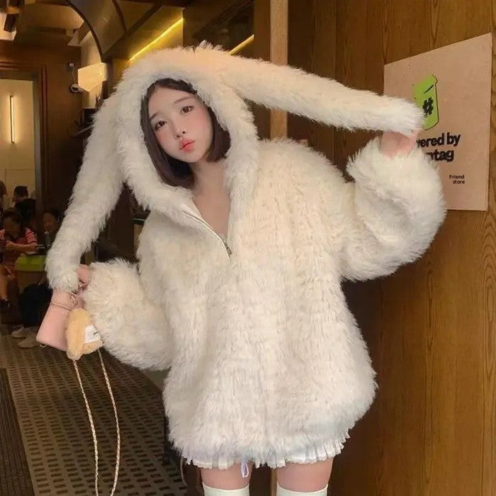 Women's Loose Thickened Lamb Fur Jacket Autumn Winter New Style Cute Rabbit Ear Design Soft Plush Coat Warm Casual Outerwear