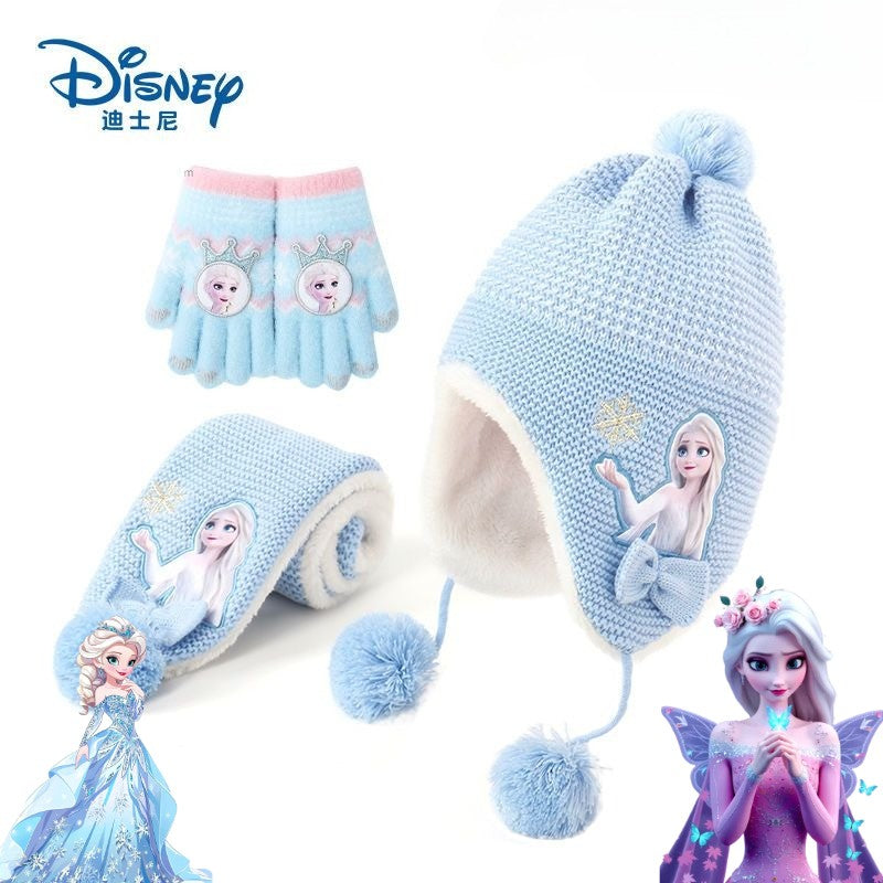 Disney Elsa Desenho Animado Bonito Chapéu e Cachecol de Estudante Criativo Kawaii Meninas Princesa Inverno Quente Conjunto de Três Peças Presente de Natal