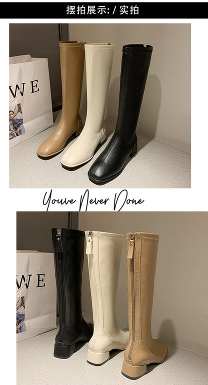 Women Black High Heel Long Boots Fashion Spring Autumn Warm Knee High Boots Soft Leather Thigh High Boots Shoes Zipper