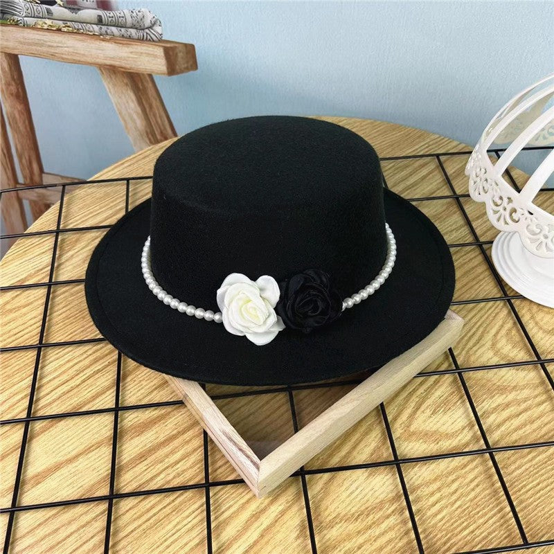 Chapéu Fedora Feminino Corrente Floral Alta Costura com Alfinetes de Pérola Boné em Relevo Preto Branco Outono Inverno Chapéu de Aba Larga para Meninas