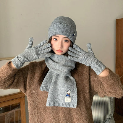 Embroidered Puppy Knitted Hat Scarf Gloves Three-Piece Set for Women Winter Warmth Earflap Beanie