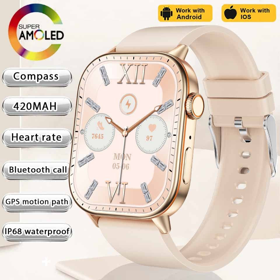 Smartwatch de Música Feminino 2025 Novo com Tela AMOLED HD de 2.01'' Moda, GPS de 6 Estrelas Embutido, Rastreador Impermeável e Chamada, Braceletes