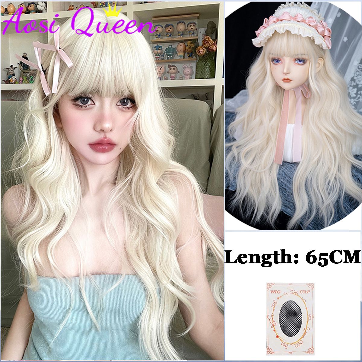 AOSI Synthetic Mint Green Wig Long Hair Summer Thin Bangs Long Straight Hhair Daily Party Cos Wig