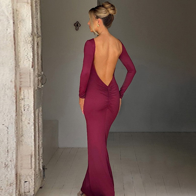 Hugcitar Spring Elegant Long Sleeve Backless Solid Cuched Sexy Bodycon Maxi Prom