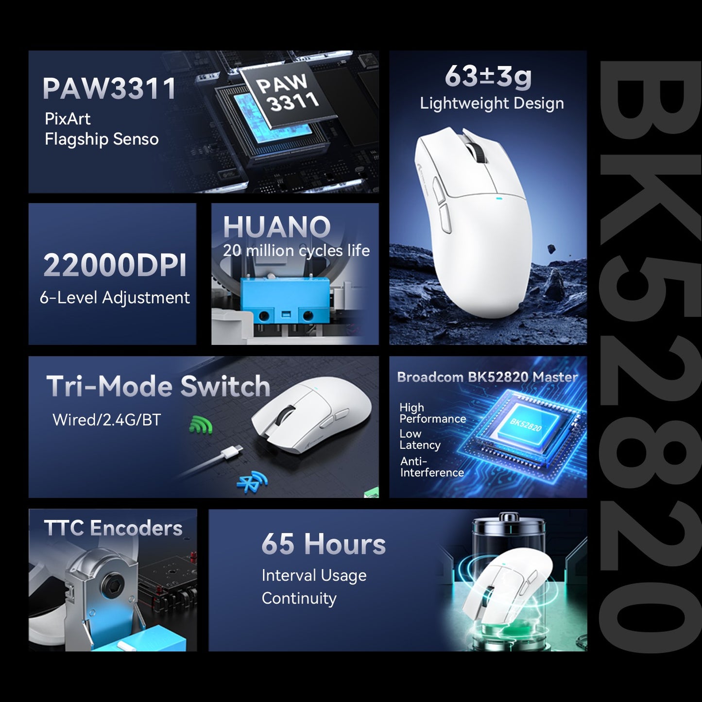 X11 ATTACK SHARK X11SE Mouse Gamer Sem Fio 22000 DPI, Sensor PixArt PAW3311, BT/2.4G/Com Fio, 59g Leve, 2000W Cliques