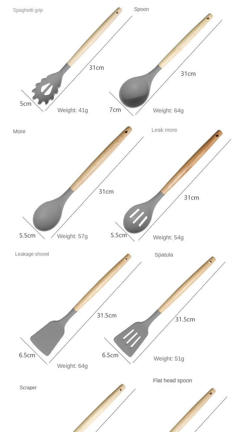 Conjunto de utensílios de cozinha de silicone, 19 peças com cabo de madeira, espátula, panela antiaderente e balde de armazenamento de facas multiuso integrado