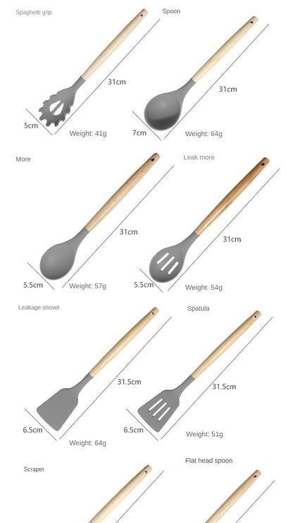 Conjunto de utensílios de cozinha de silicone, 19 peças com cabo de madeira, espátula, panela antiaderente e balde de armazenamento de facas multiuso integrado