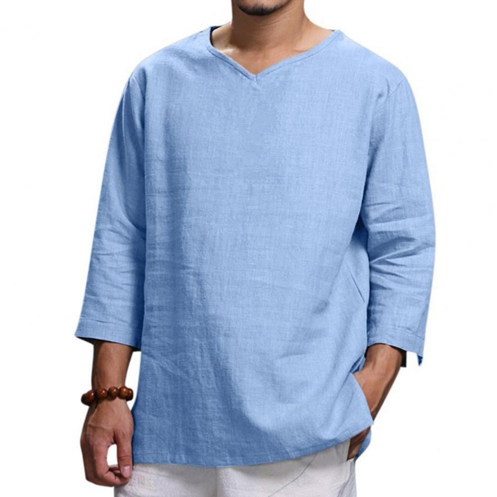 Cotton And Linen Men New 3/4 Sleeve Loose Solid Casual Large Pullover Shirt Leisure Summer Spring Long Sleeves Men Casual Shirt