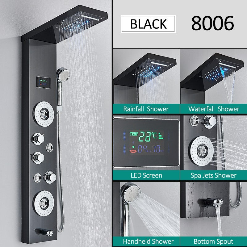 Sistema de Torre de Painel de Chuveiro de LED Coluna de Chuveiro de Cascata de Chuva com Tela LCD de Hidroeletricidade com Torneira de Chuveiro de Spa de Corpo com Massagem