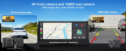 10.26" 4K 64G Touchscreen Portátil Sem Fio CarPlay Android Auto Caminhão Dash Som Automotivo Bluetooth GPS Navegação Câmera de Ré Grande Angular FM