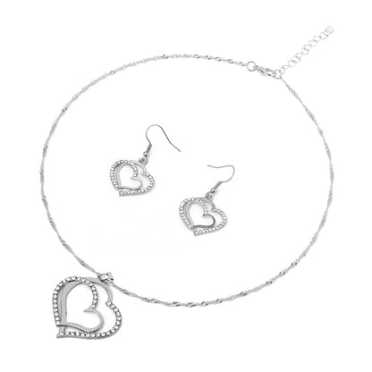 Conjunto de Joias Coração de 3 Peças Brincos Colar com Pingente para Mulheres Conjunto de Joias Duplo Coração de Strass Elegante e Moderno