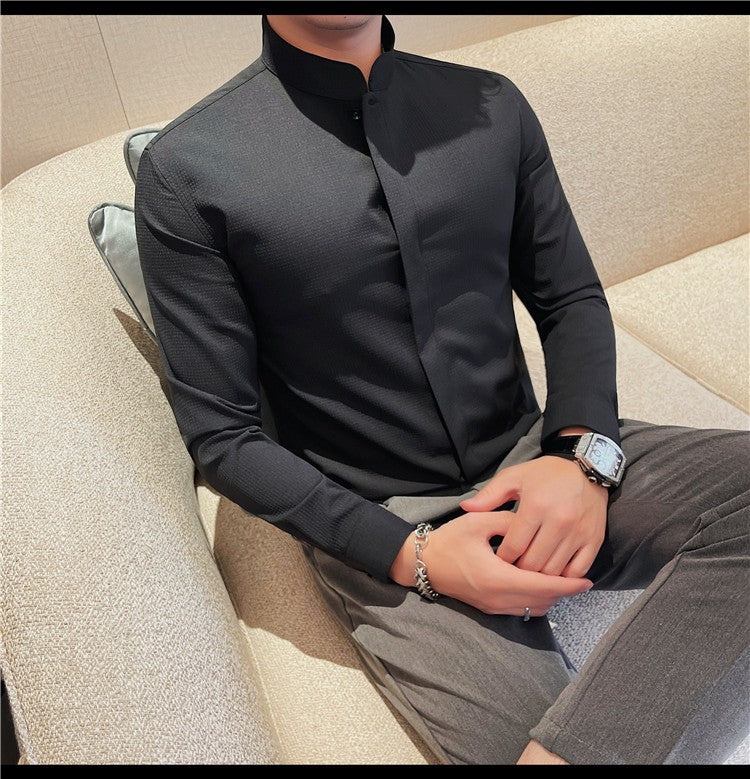 Men Standing Collar Shirt Long Sleeved 2024 Autumn British Style Solid Casual Hidden Button Elastic Slim Fit Formal Dress Shirt