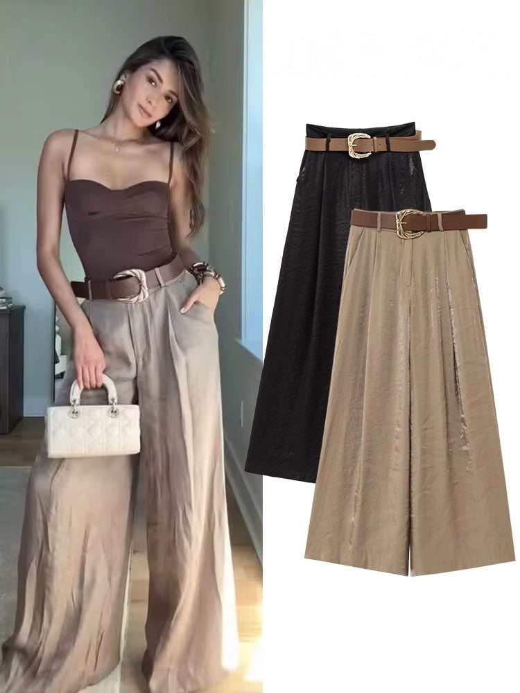 HH Women New Fashion Solid Belt Wrinkles Decorate Casual Loose Trousers Female Chic Zipper Side Pocket Slim Wide Leg Pants
