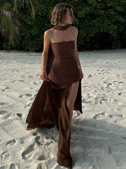 TARUXY Fashion Strapless Dress With Ribbon Female Elegant Sleeveless Mesh Beach