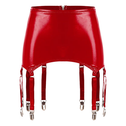 Womens Garters Latex Skirts Ladies Suspender Belt Wet Look Patent Leather Mini Skirts Garters with Metal Clips Clubwear Costume