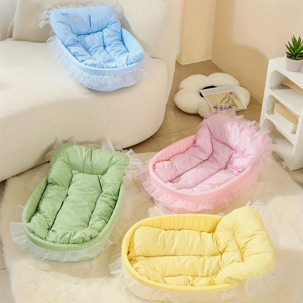 1 Conjunto de Cama de Princesa para Pets com Renda Fofa para o Inverno - Oval de Pelúcia Macia de Poliéster para Cães/Gatos Pequenos, Fácil Montagem, Uso Interno
