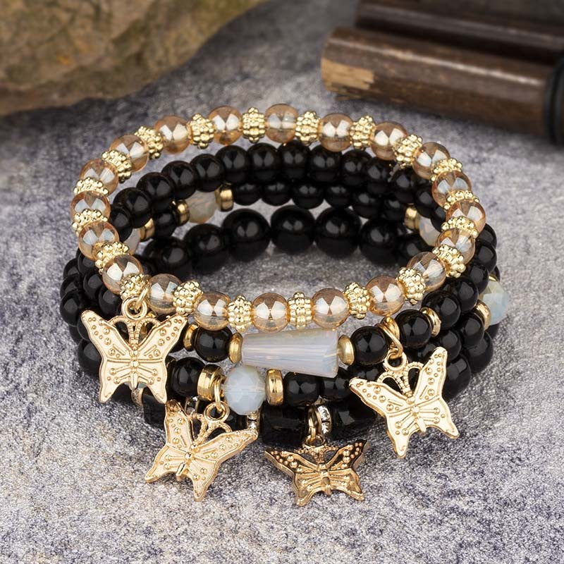 Conjunto de Pulseiras Femininas Boho com 4 Peças, Borboleta, Cristais e Miçangas, Joias da Moda, Presente para Festas