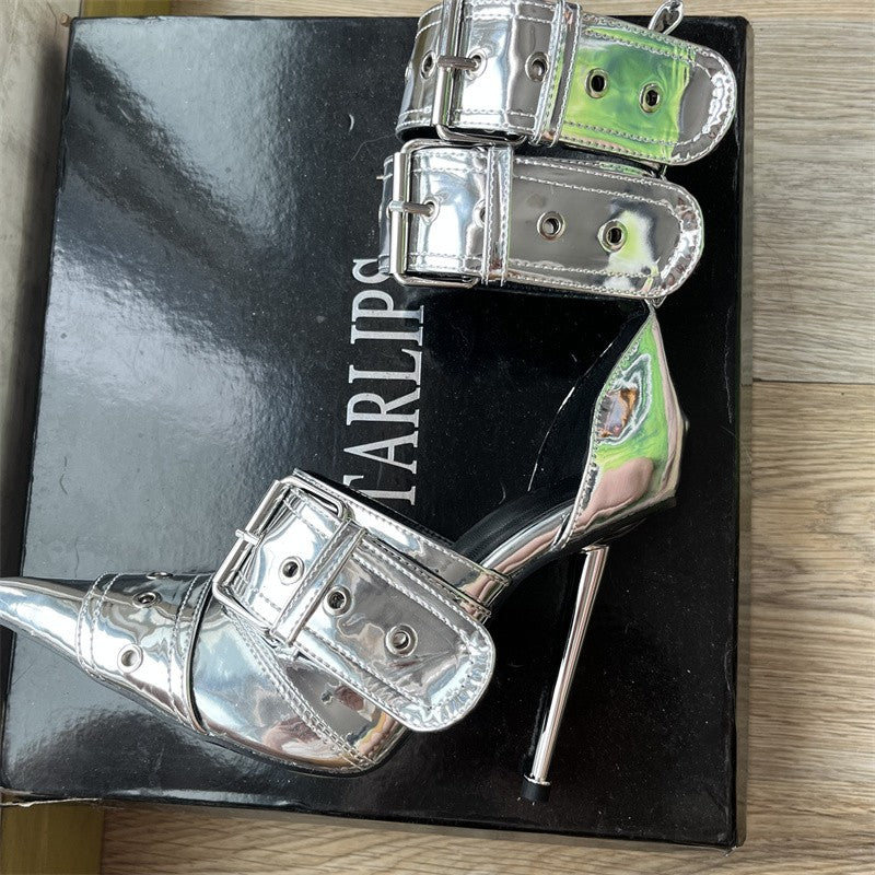 Denim Metal Rivet Buckle Silver Sandals Women's Sexy Punk Style Pointed Metal Hollow 12cm High Heels Size 34-43 Womens Shoes