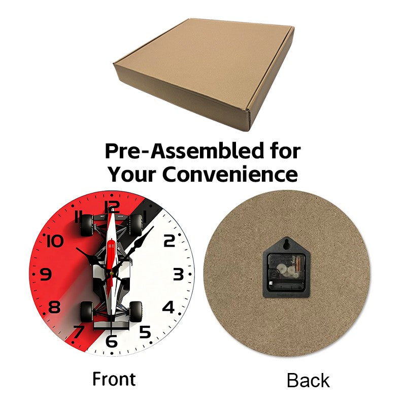 F1 Car Design Wooden Round Silent Hanging Wall Clock, Suitable For Living Room, Office, Study Room, Bedroom, Home Decoration