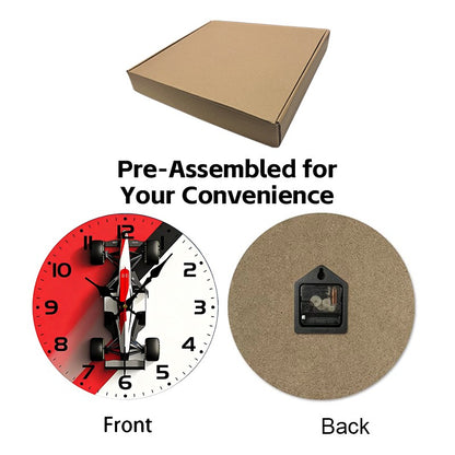 F1 Car Design Wooden Round Silent Hanging Wall Clock, Suitable For Living Room, Office, Study Room, Bedroom, Home Decoration