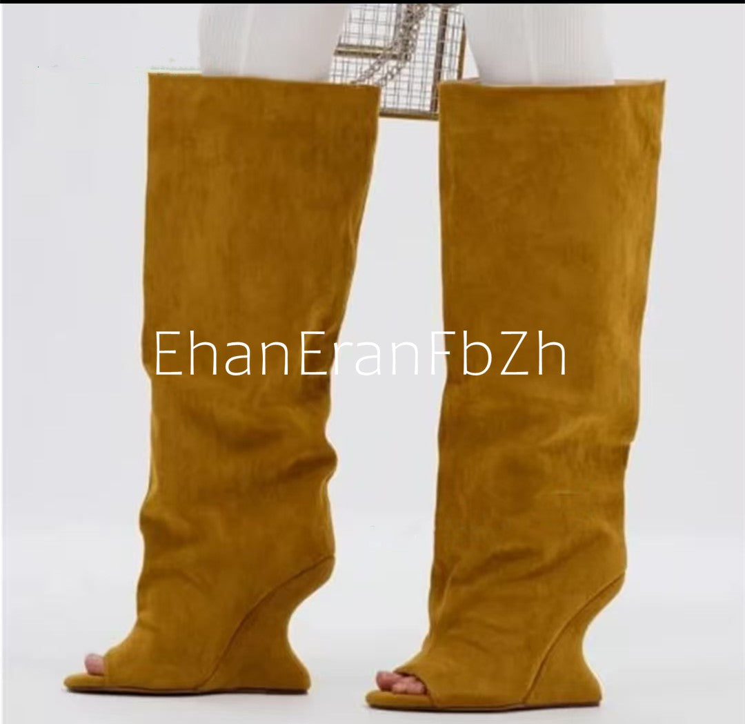 2025Spring and Autumn Fashion New Thick High Heels Women's Knee Length Wide Tube Version Fish Mouth Boots Middle Top Boots