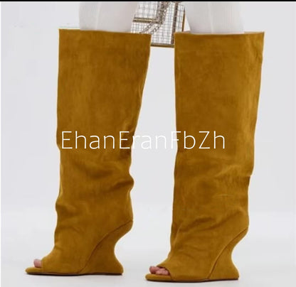 2025Spring and Autumn Fashion New Thick High Heels Women's Knee Length Wide Tube Version Fish Mouth Boots Middle Top Boots