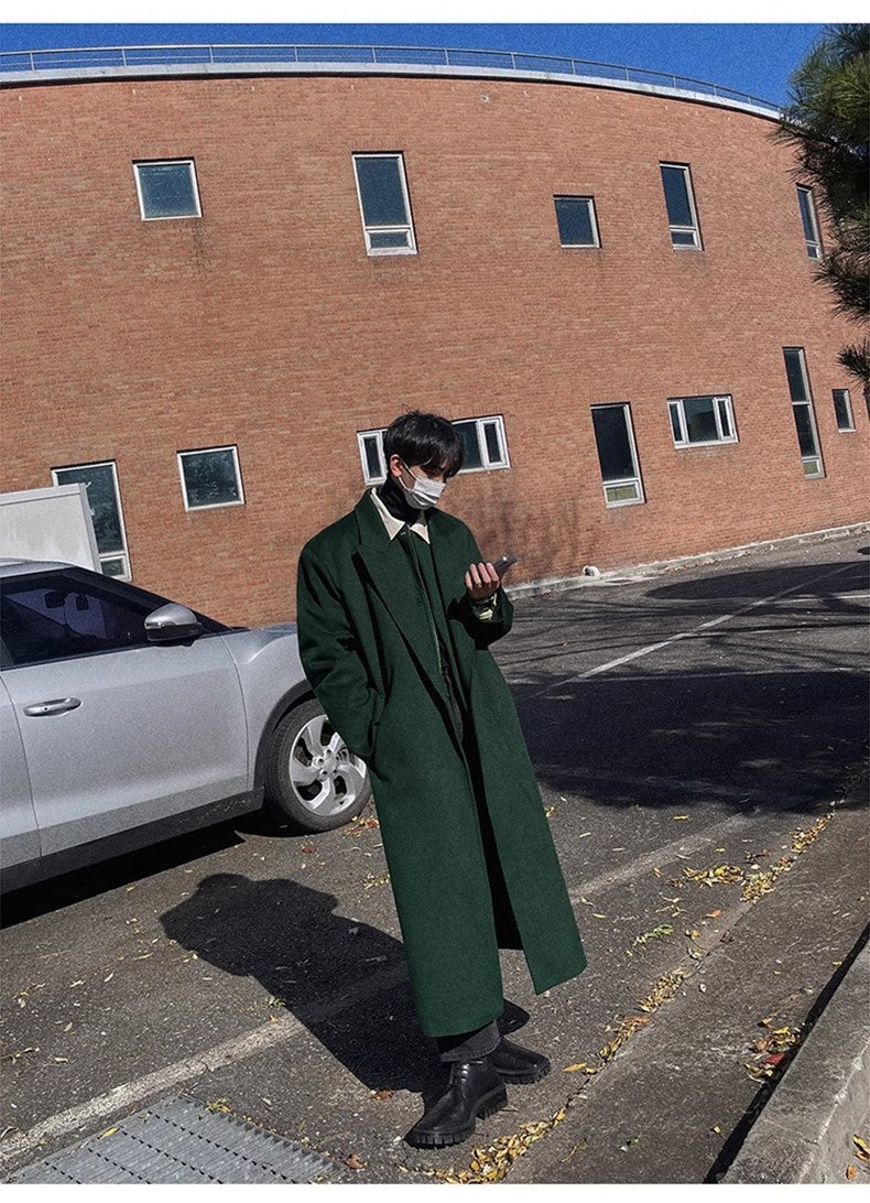 Mauroicardi Autumn Winter Long Warm Oversized Soft Dark Green Black Woolen Coat Men Loose Casual Korean Wool Blends Overcoat