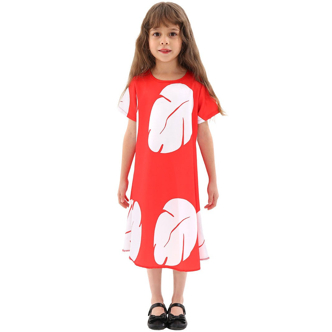 Disney Lilo Costume Girl Cosplay Red Dress Short Sleeve Pajamas Hawaiian Printed Dress Summer Beach Outfit + Stitch Doll Set