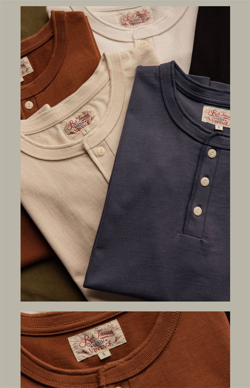 Red Tornado Short Sleeve Henley T-Shirt Heavyweight Cotton Men Every Day Tee Amekaji