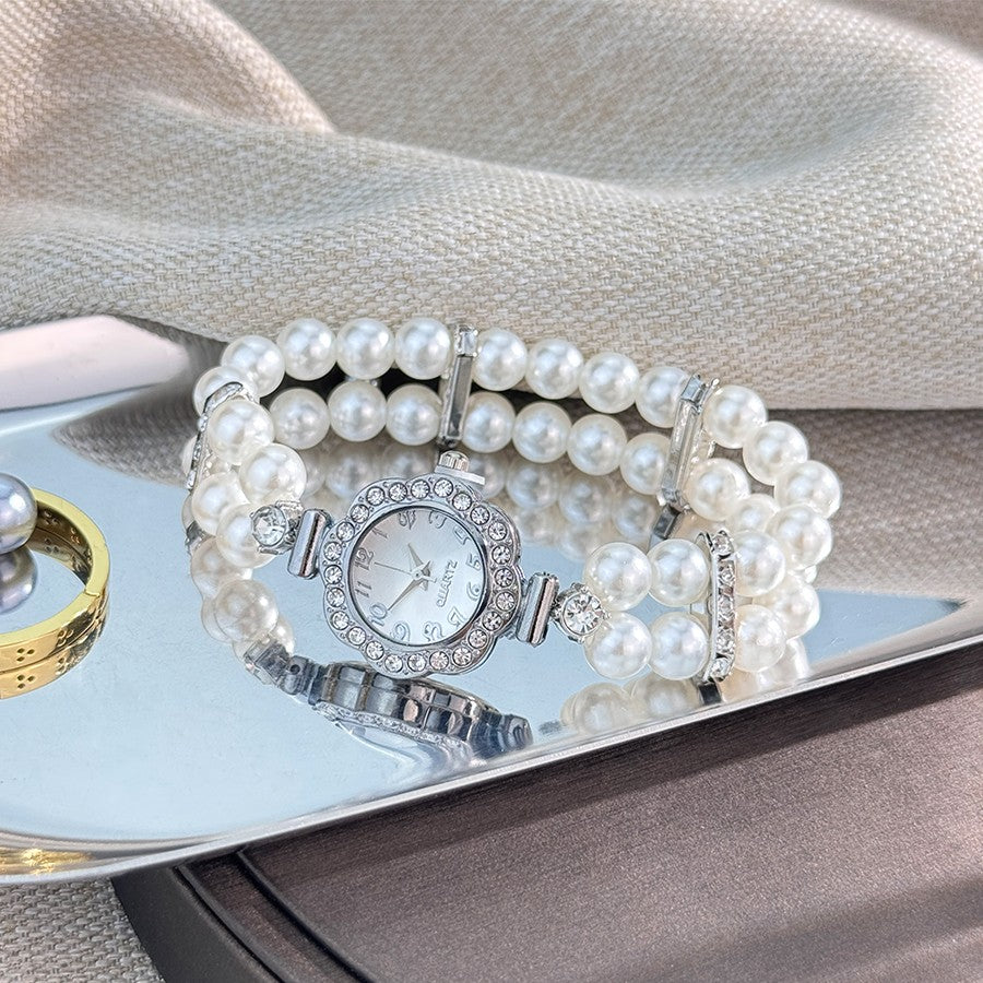 New ladies' double-row pearl diamond-encrusted elastic strap Arabic digital dial simple light luxury fashionable quartz watch