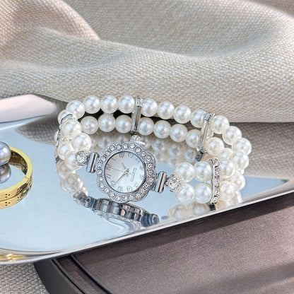 New ladies' double-row pearl diamond-encrusted elastic strap Arabic digital dial simple light luxury fashionable quartz watch