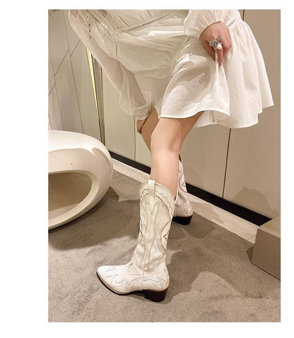 Autumn Embroidered Western Cowboy Boots new Square Heels Pointed shoes Casual fashion long boots Comfortable waterproof shoes