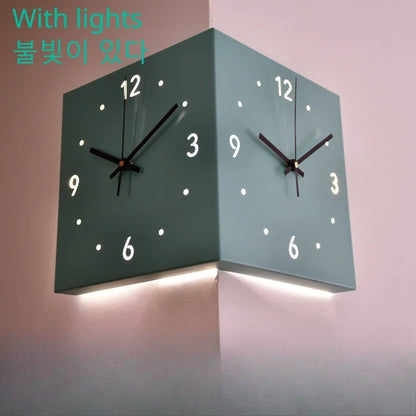 Creative Light Sensor Corner Wall Clock Square Simple Double Sided Wall Clock with Arabic Numeral Scale Analog Silent Wall Clock