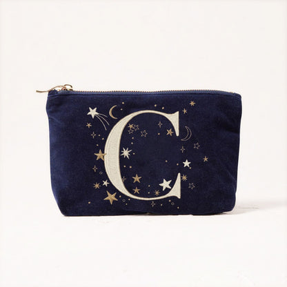 Alphabet Print Velvet Clutch Makeup Bag - Fashionable Cosmetic Pouch with Glittering Star Motif