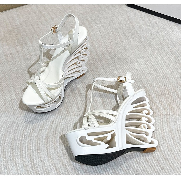 2022 New High Heels Women Pumps Thick Platform Buckle Strap Nightclub Shoes Catwalk Model Show 14.5CM Hollow Out Wedge Sandals