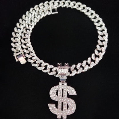 Colar com pingente de dólar hip-hop para homens e mulheres com corrente cubana de 13 mm, pingentes hip-hop cravejados, colares de joias modernas punk, presentes