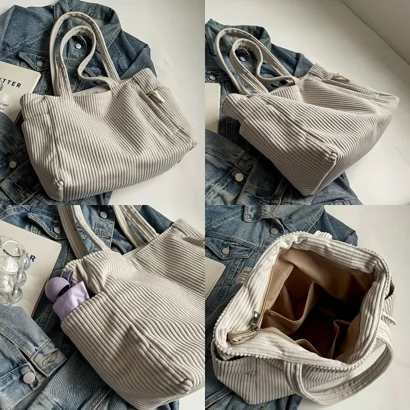 Casual Corduroy Handbag with Zipper Closure Light and Large Capacity Fixed Shoulder Strap Solid Color Daily Commuter Handbag