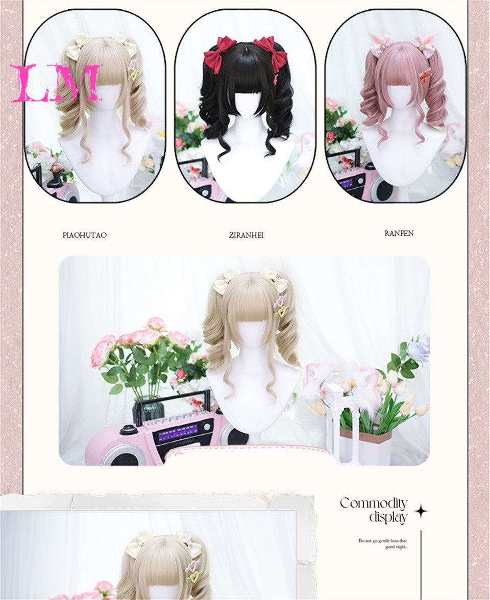 LM Medium Length Pink Cosplay Wig Heat Resistant Costume Party Synthetic Wigs 2 Clip On Ponytail 7 Colors