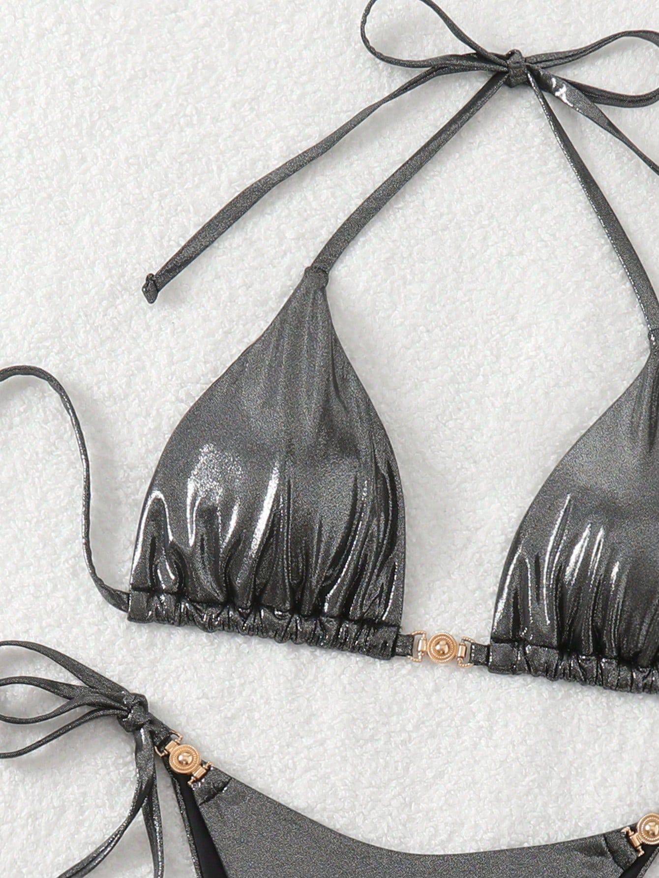 Sexy Black Brozing Bikini Set Women Summer Push Up Bra Tie Side Thong Swimsuit Beach Bathing Suit Holiday Swimwear Biquini