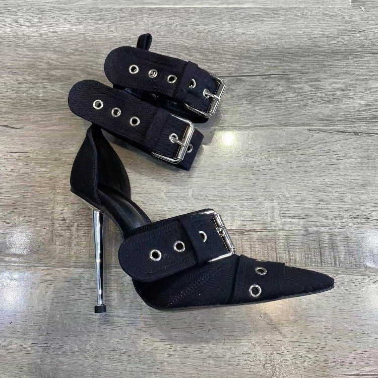 Denim Metal Rivet Buckle Silver Sandals Women's Sexy Punk Style Pointed Metal Hollow 12cm High Heels Size 34-43 Womens Shoes