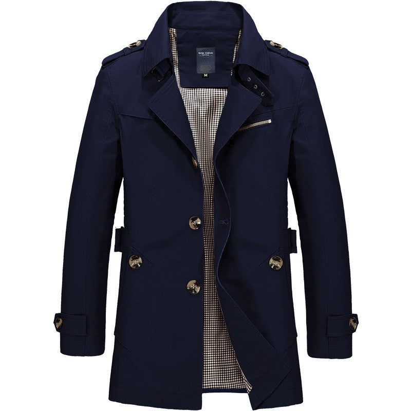 Men's Spring and Autumn New Fashion Casual Cotton Trench Coat, Solid Color Lapel Single-breasted Mid-long Splicing Trench Coat