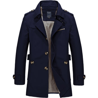 Men's Spring and Autumn New Fashion Casual Cotton Trench Coat, Solid Color Lapel Single-breasted Mid-long Splicing Trench Coat