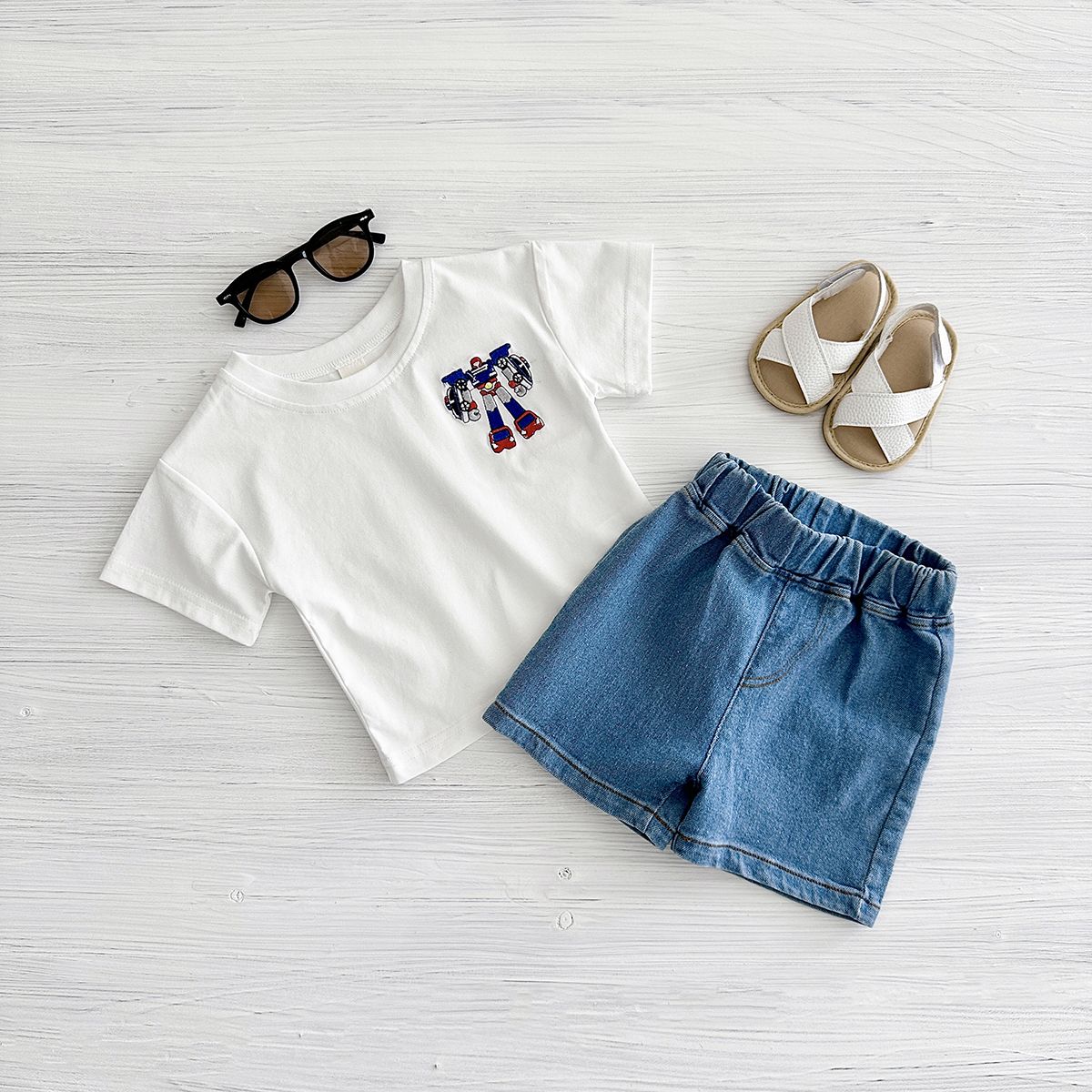 2025 Summer New Baby Clothes Infant Robot Embroidery Top+Bottom Set Baby Boys Girls Casual Baby Set Newborn Baby Clothes 2Pcs