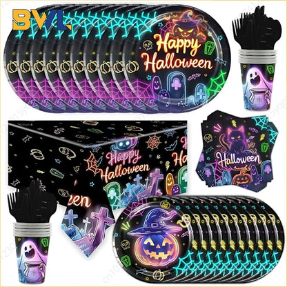 Conjunto de Louça de Festa de Halloween Pratos Festivos Guardanapos Toalha de Mesa Louça Descartável para 10/12 Convidados Decoração de Halloween