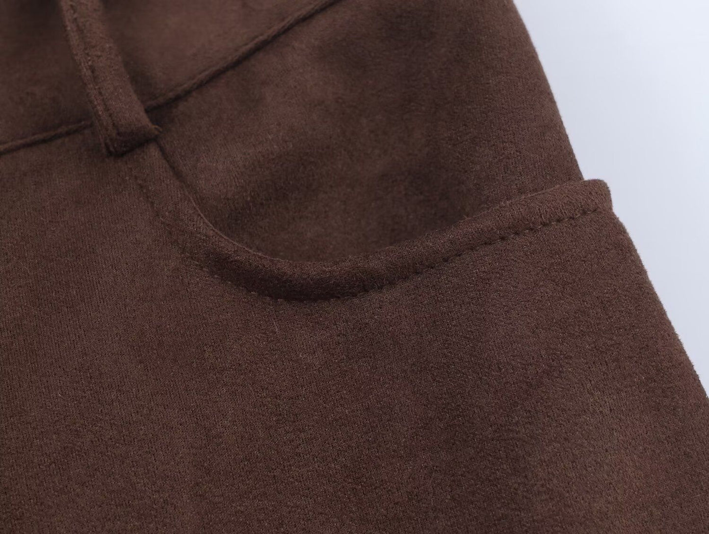 Die-Cut Hem Faux Suede Wide Leg Pants For Women Vintage Brown High Waist With Pockets Casual Loose Trousers