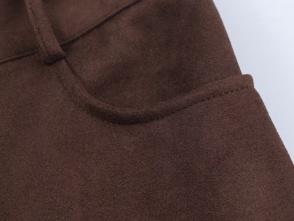 Die-Cut Hem Faux Suede Wide Leg Pants For Women Vintage Brown High Waist With Pockets Casual Loose Trousers