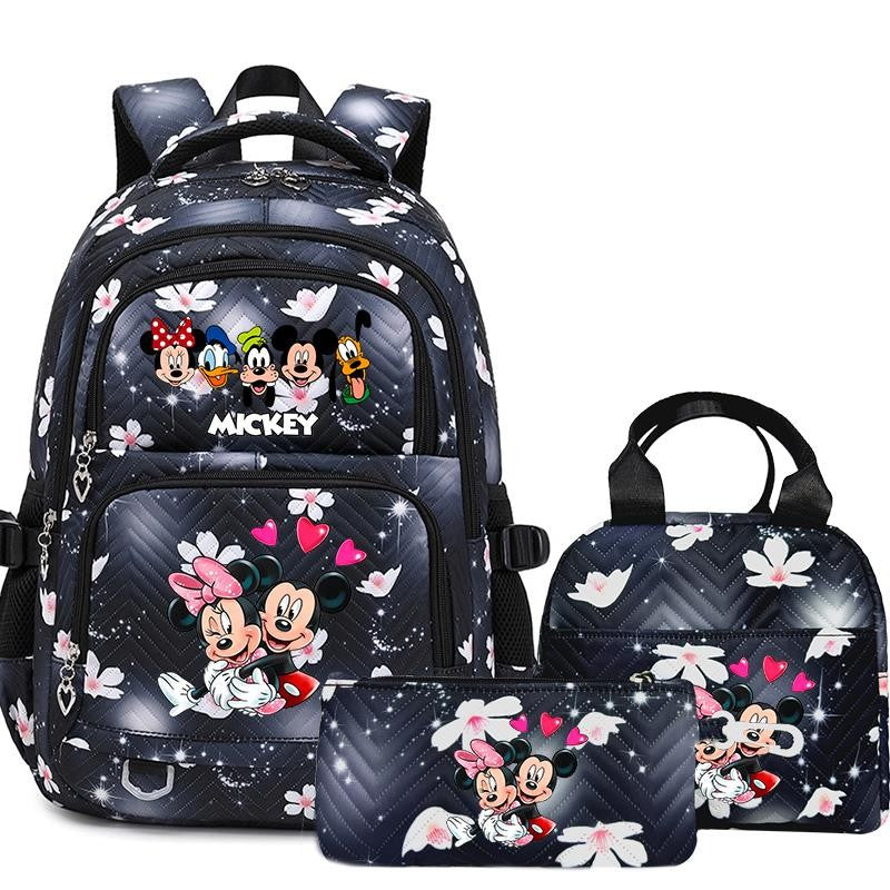 Mochila Mickey Minnie 3 Peças para Meninas e Meninos com Lancheira e Estojo, Mochila Escolar Fofa para Ensino Fundamental e Médio, Presente de Natal