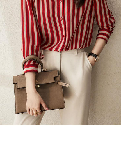 French Style Fashion Spring Shirts New Women's Polo-Neck Striped Single Breasted Simplicity Versatile Loose Long Sleeve Tops