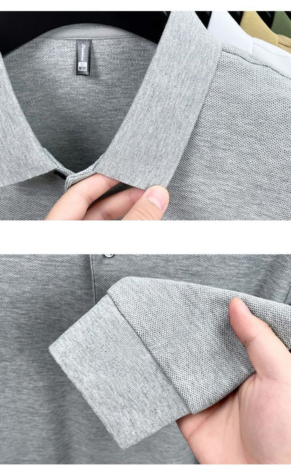 100% pure cotton spring and autumn fashionable men's collar striped long sleeved polo shirt with micro seal dog embossed design